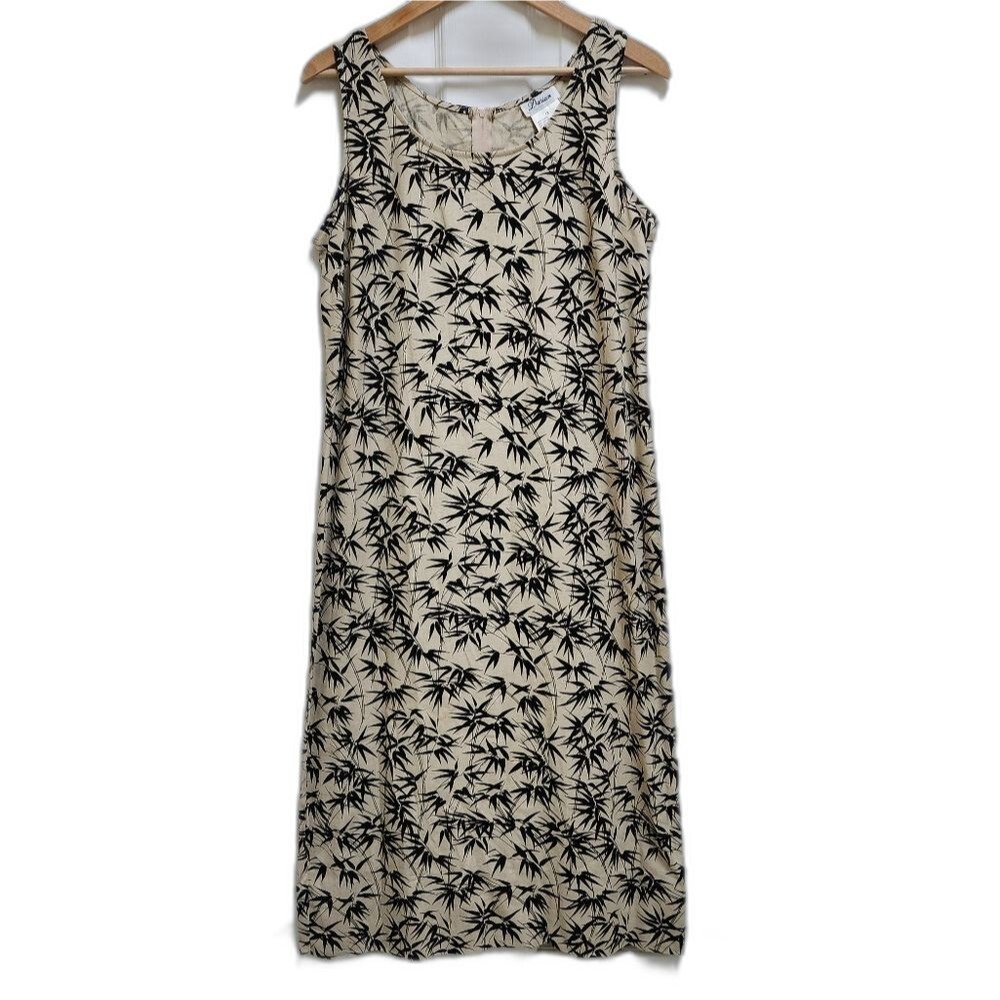 Darian Dress Womens 12 Tan Black Linen Palm Leaf Midi Sleeveless Side Split Zip